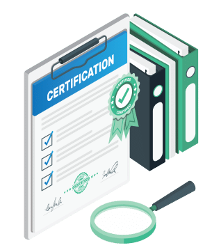 files and a certification on a desk